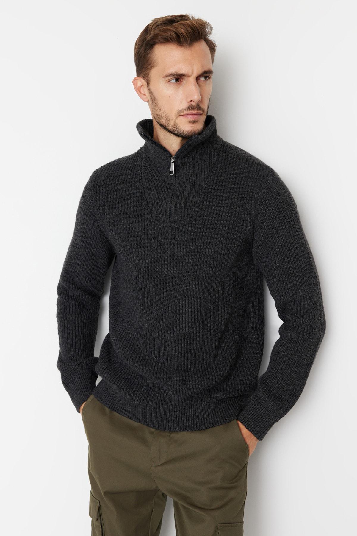 Grey Regular Fit Woolen Zipper Turtleneck Knitwear Sweater TMNAW22KZ0347, Single item, , large image number 3