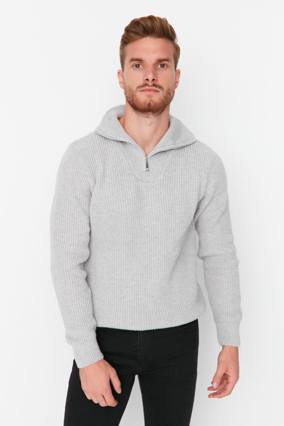 Grey Regular Fit Woolen Zipper Turtleneck Knitwear Sweater TMNAW22KZ0347, Single item, , large image number 4