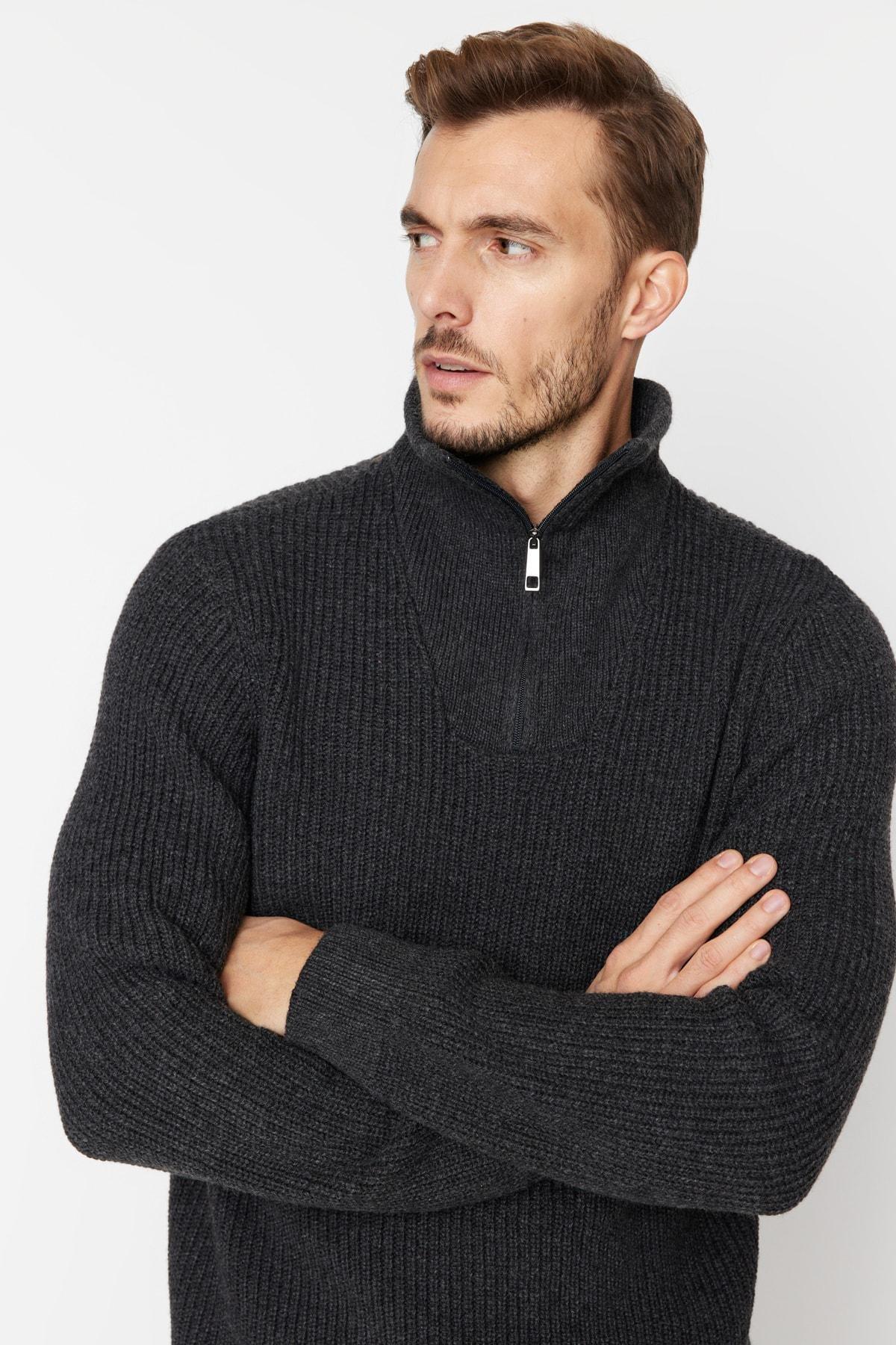 Grey Regular Fit Woolen Zipper Turtleneck Knitwear Sweater TMNAW22KZ0347, Single item, , large image number 5
