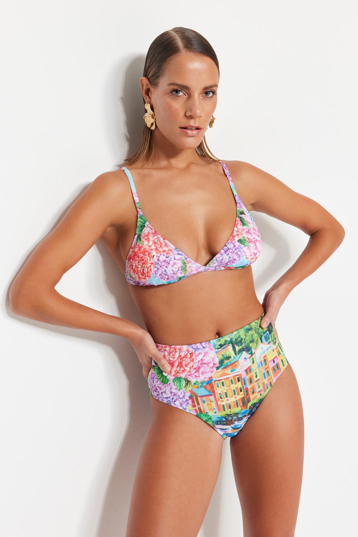 Multicolour Landscape Print Mid Waist Bikini Bottom, Multicolor, large image number 1