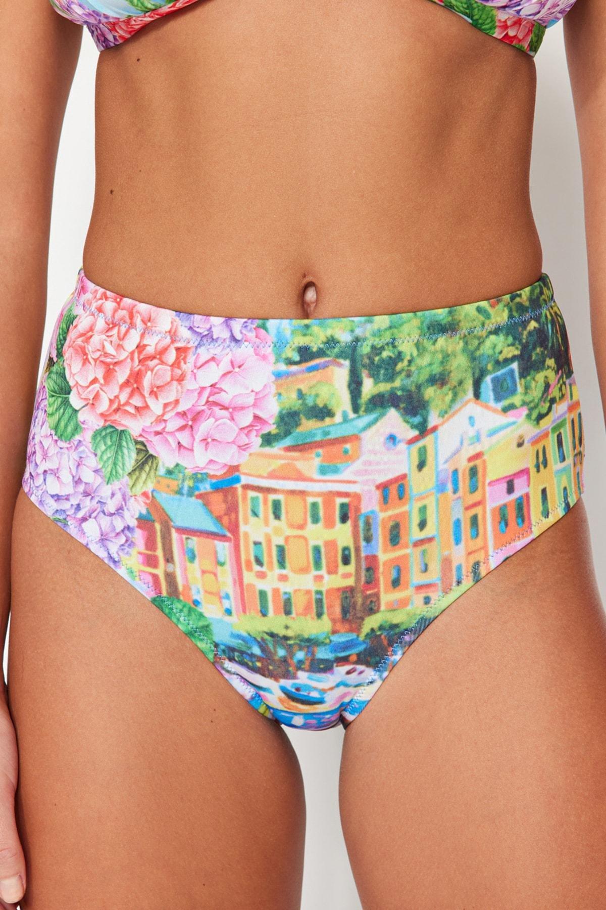 Multicolour Landscape Print Mid Waist Bikini Bottom, Multicolor, large image number 7