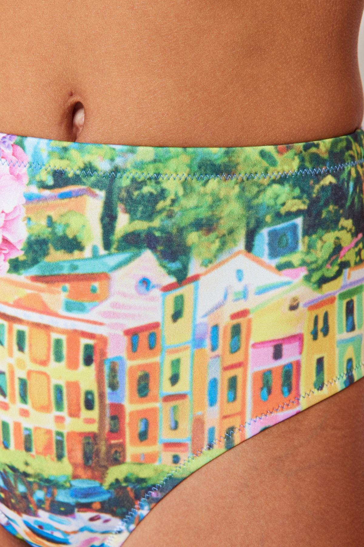 Multicolour Landscape Print Mid Waist Bikini Bottom, Multicolor, large image number 9