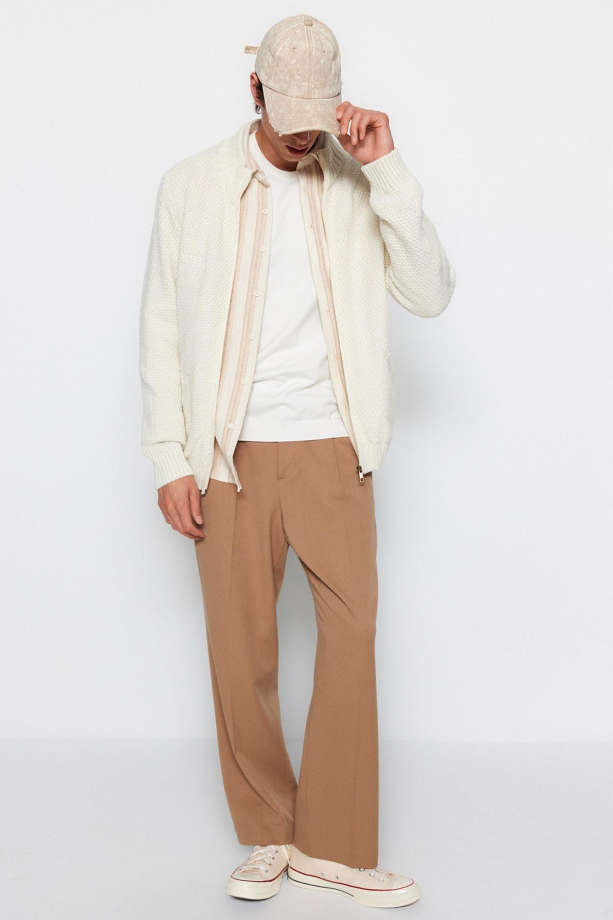 Cream Slim High Neck Cardigan, , large image number 0