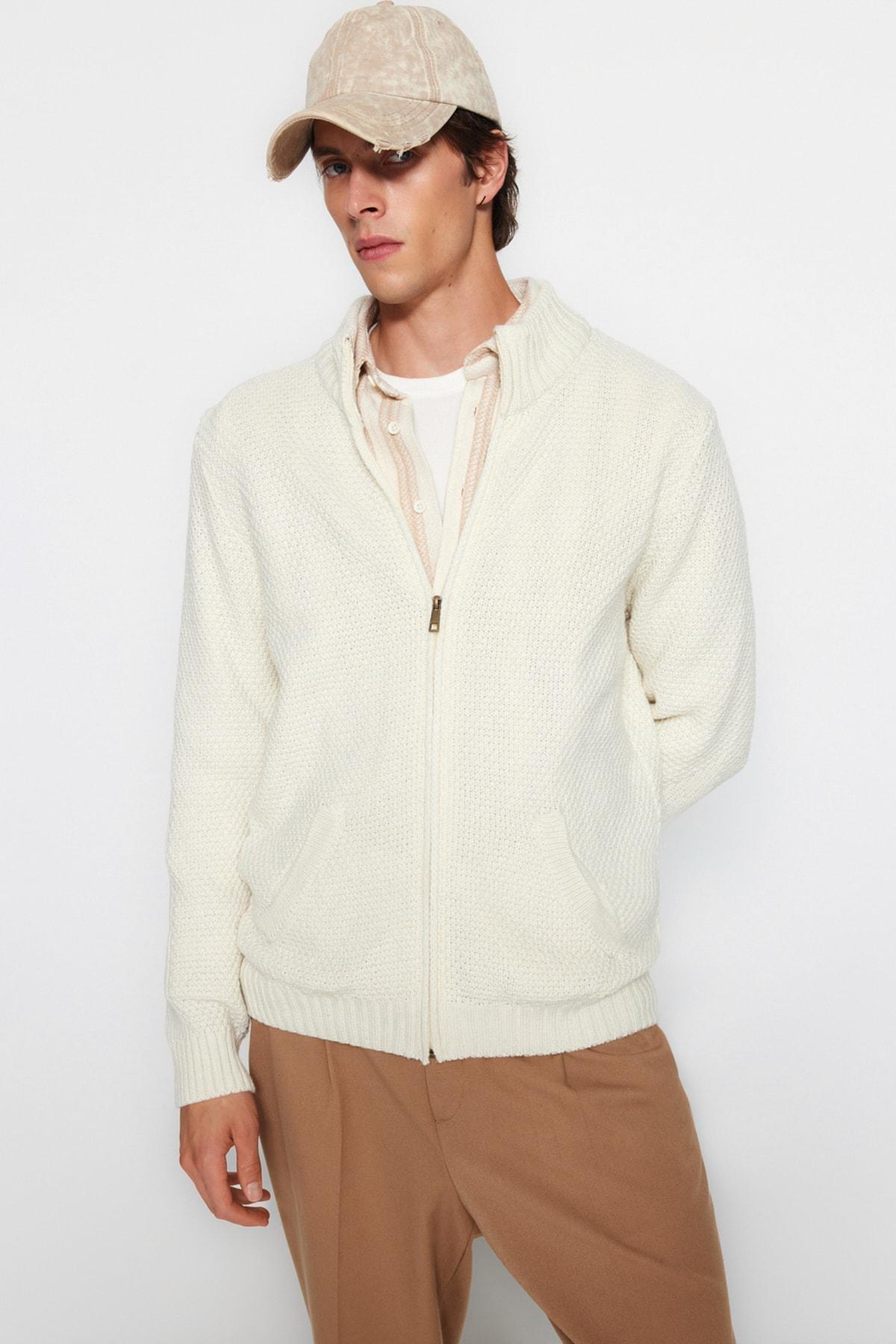 Cream Slim High Neck Cardigan, , large image number 1