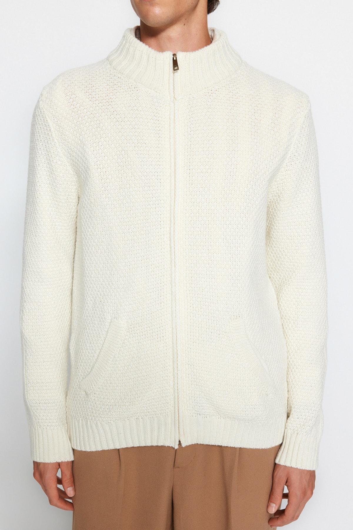 Cream Slim High Neck Cardigan, , large image number 2