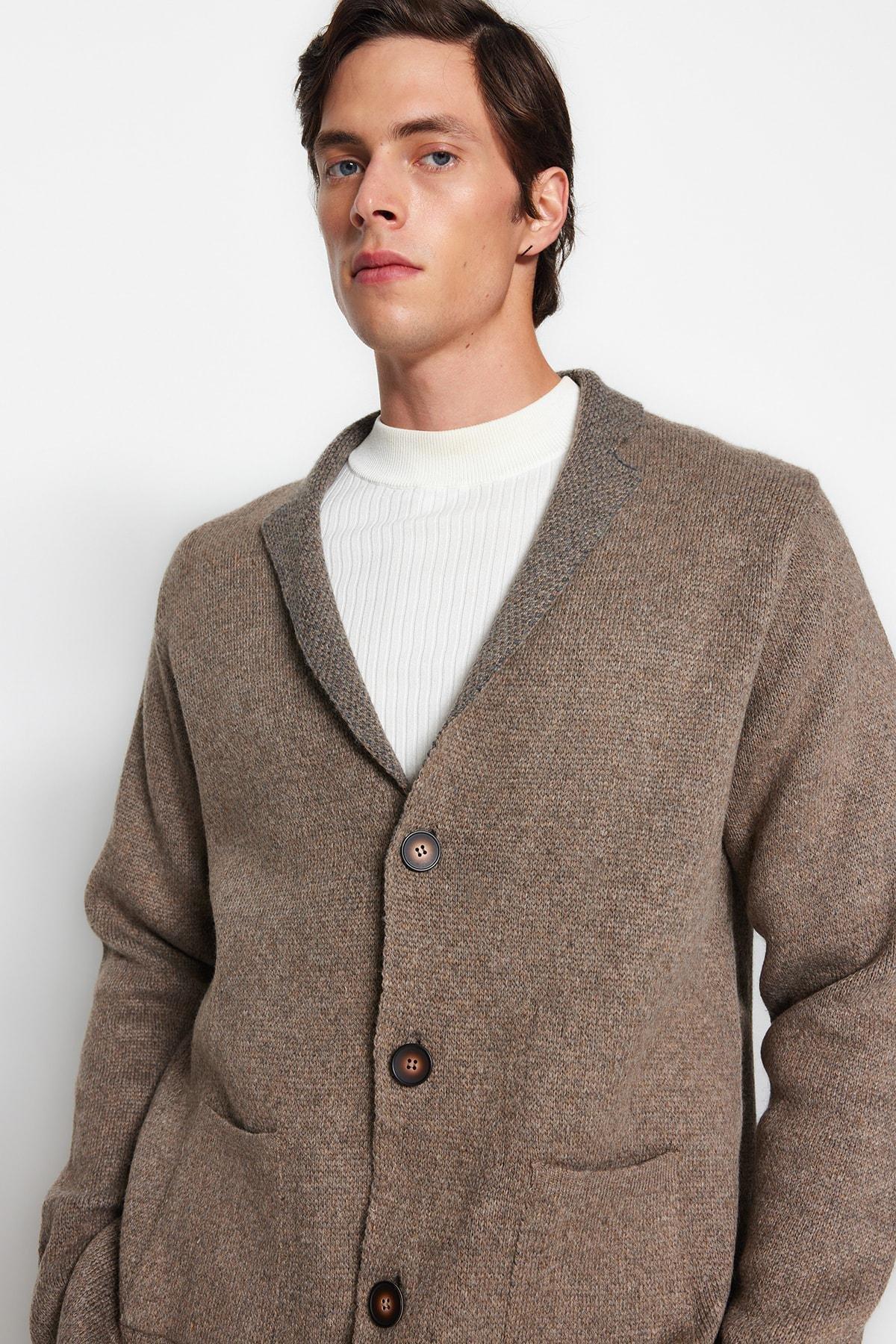 Brown Collared Knitted Cardigan, Mink, medium