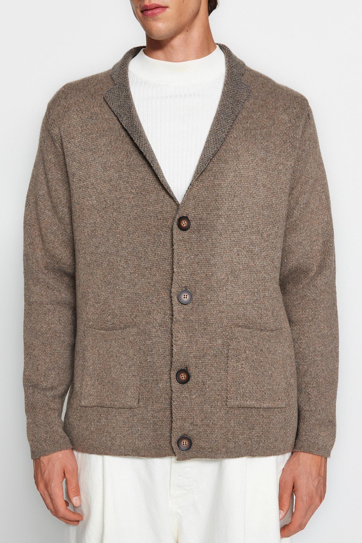 Brown Collared Knitted Cardigan, Mink, medium