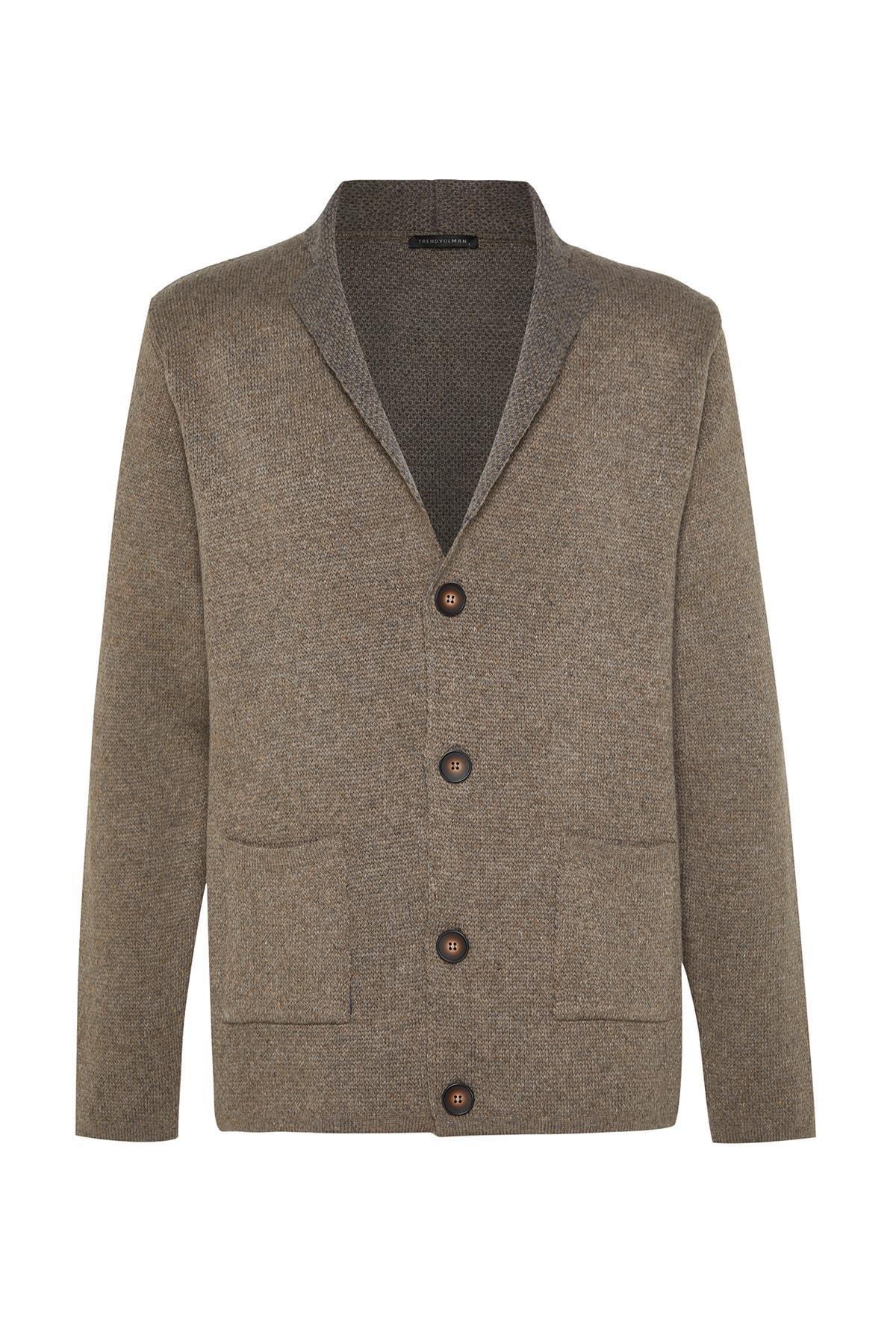 Brown Collared Knitted Cardigan, Mink, large image number 5