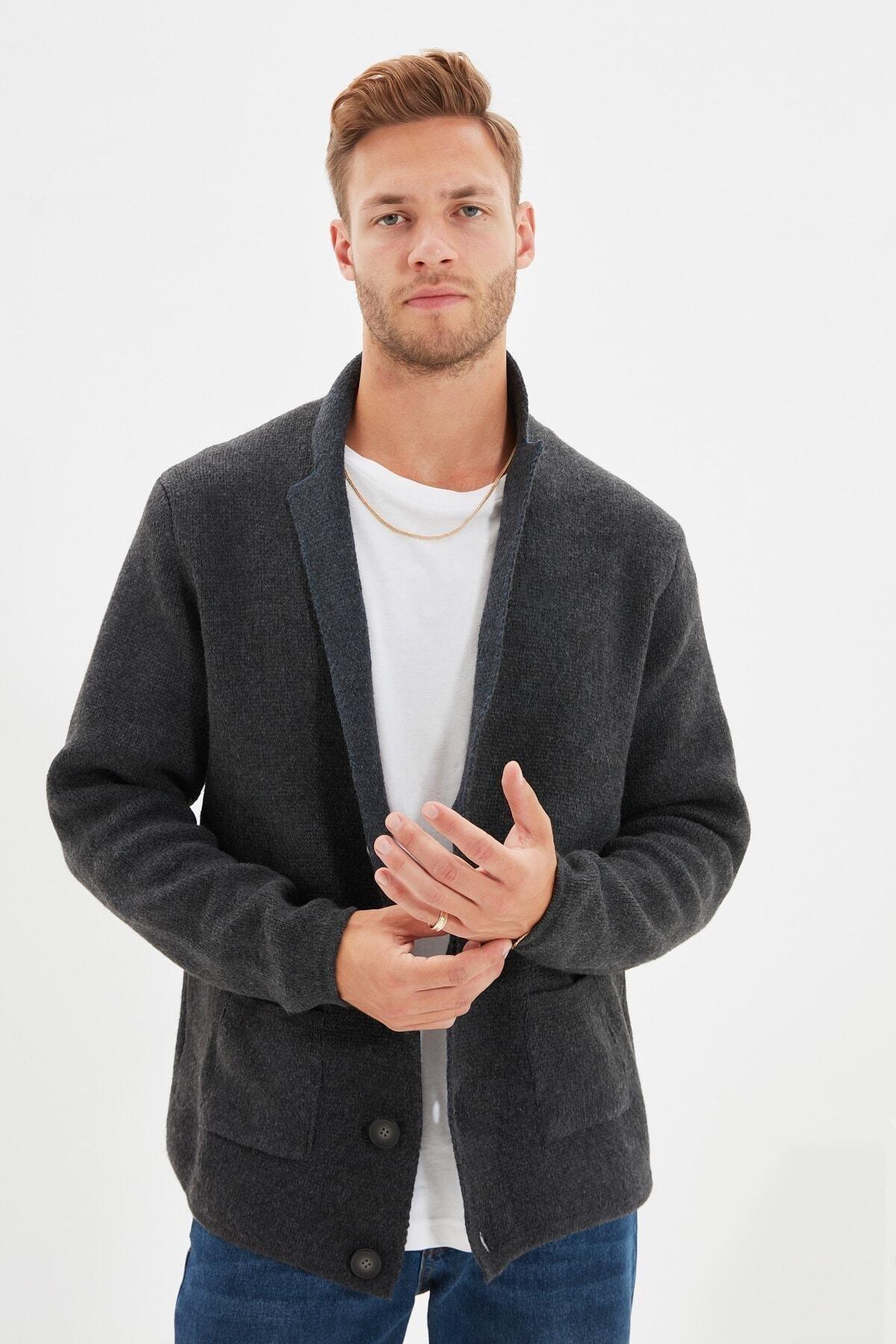 Grey Lapel Collar Cardigan, , large image number 1