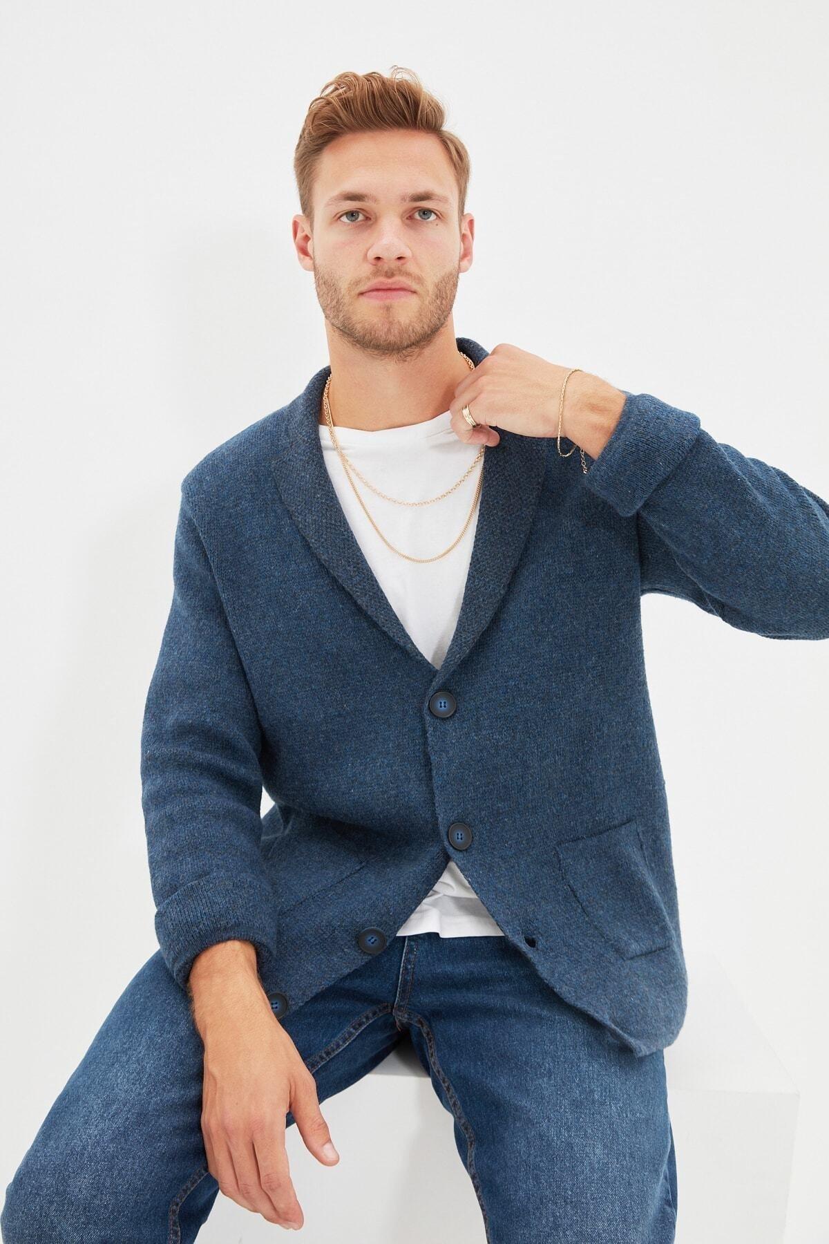 Blue Lapel Collar Cardigan, Dark blue, medium