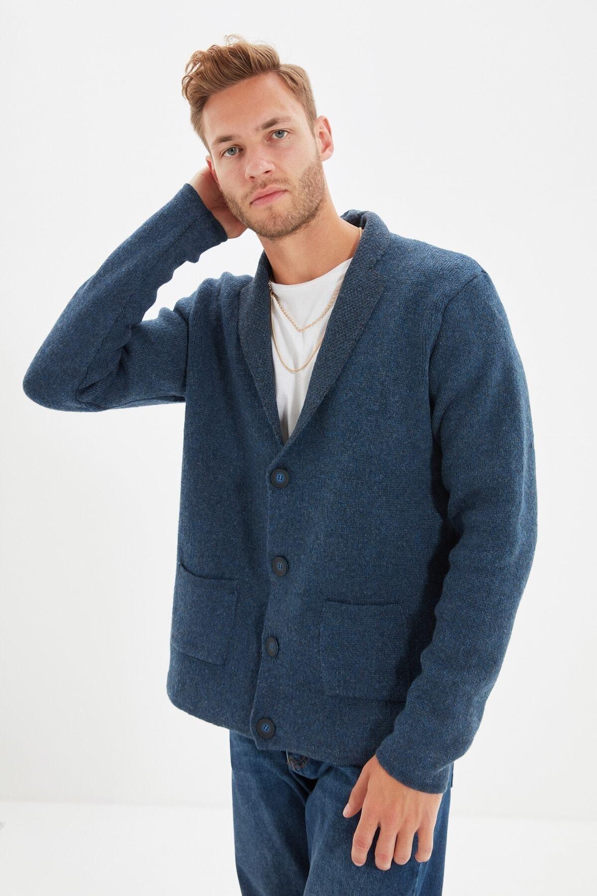 Blue Lapel Collar Cardigan, Dark blue, medium