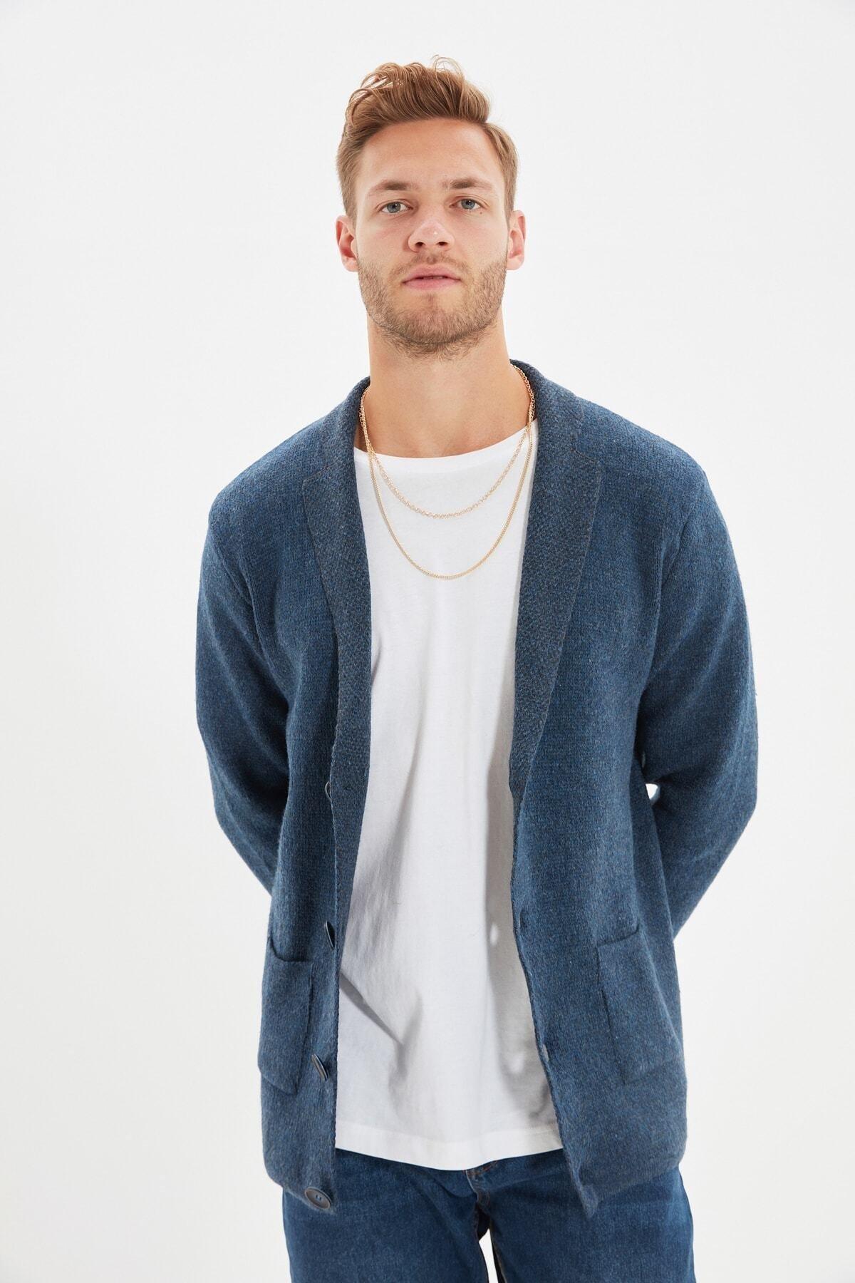 Blue Lapel Collar Cardigan, Dark blue, medium