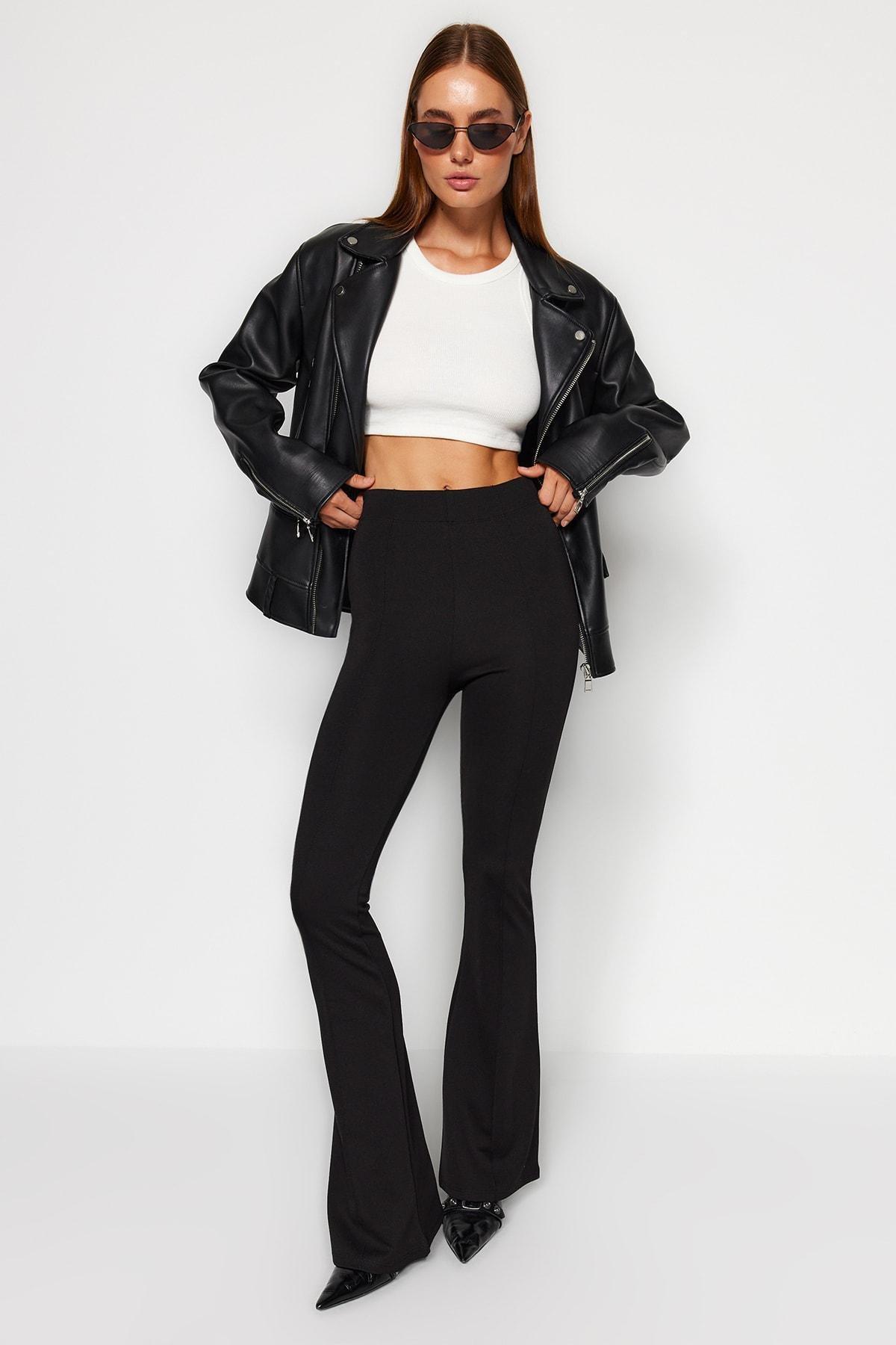 Black Bootcut Mid Waist Pants, Black, medium