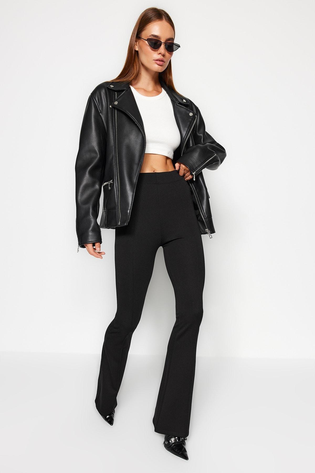 Black Bootcut Mid Waist Pants, Black, medium