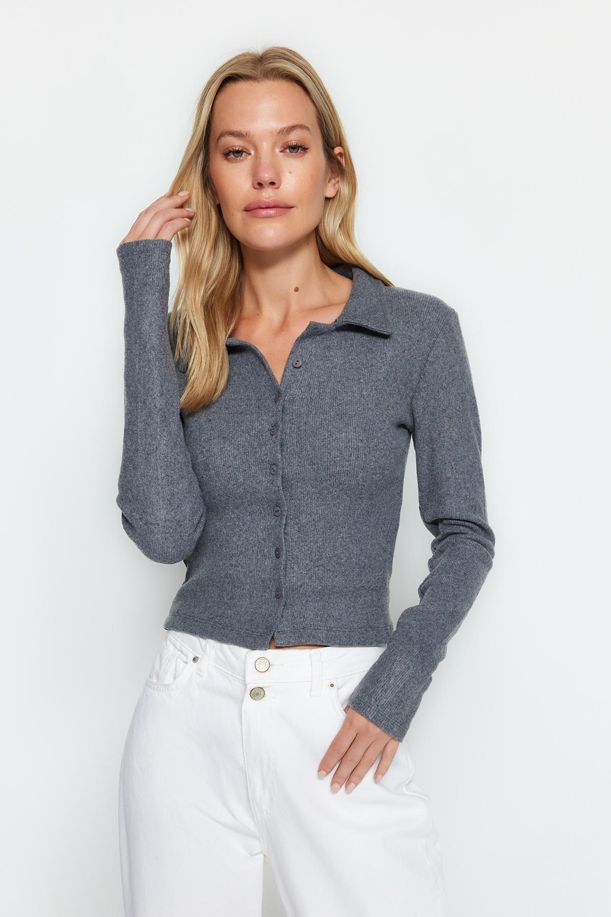 Grey Crop Ribbed Knitted Blouse, Anthracite, large image number 0