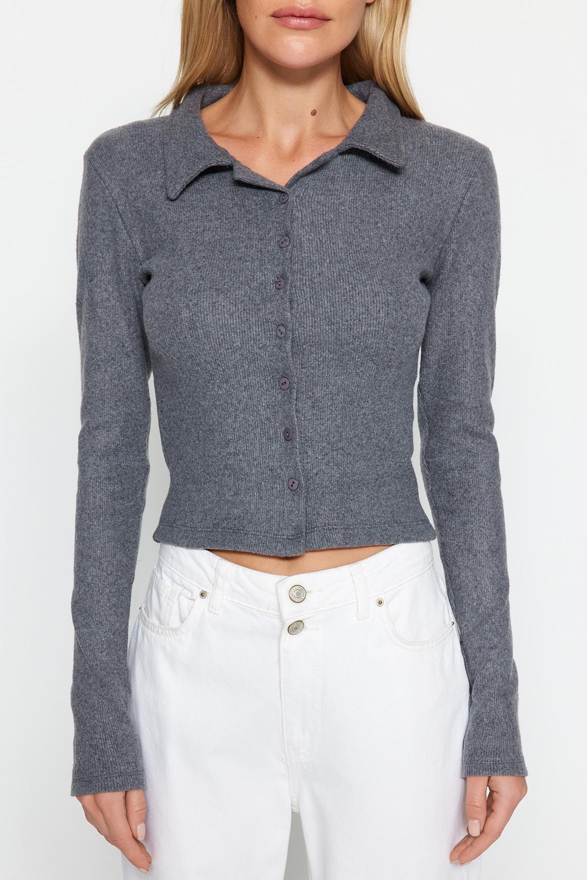 Grey Crop Ribbed Knitted Blouse, Anthracite, large image number 3