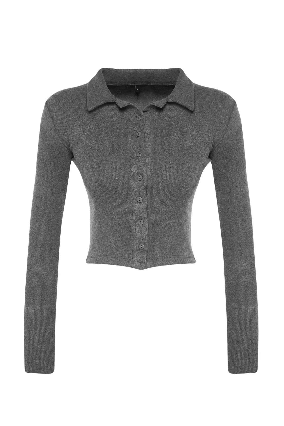 Grey Crop Ribbed Knitted Blouse, Anthracite, large image number 4