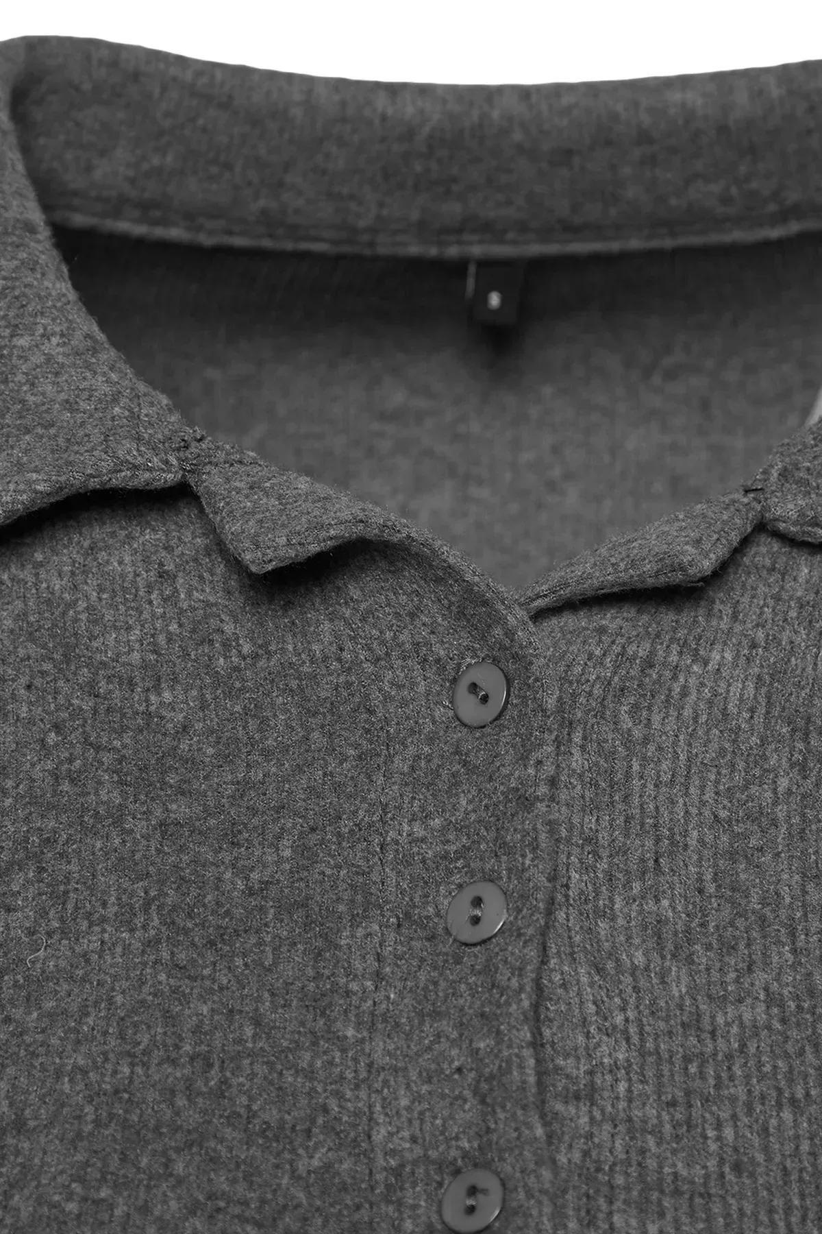 Grey Crop Ribbed Knitted Blouse, Anthracite, large image number 5