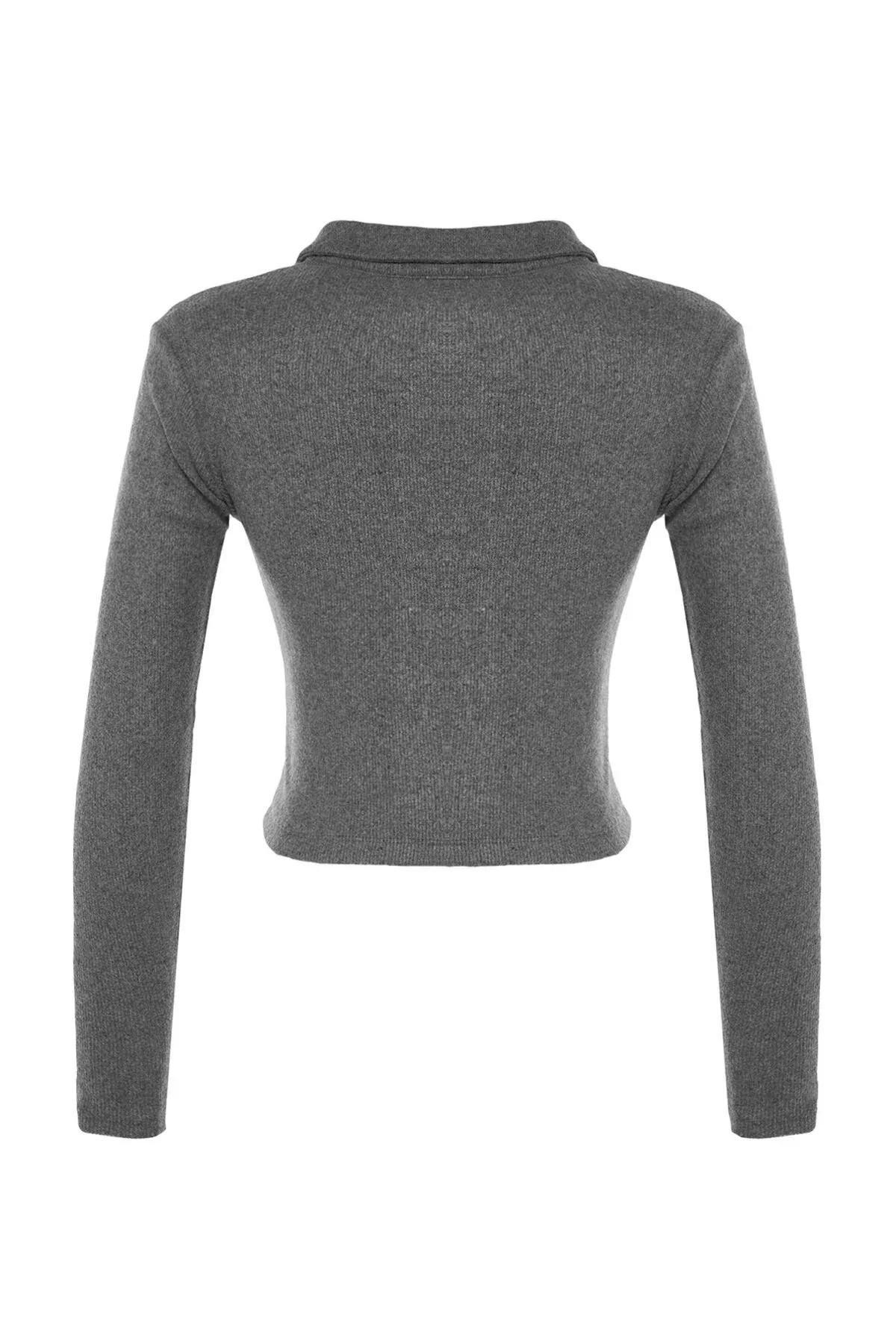Grey Crop Ribbed Knitted Blouse, Anthracite, large image number 6