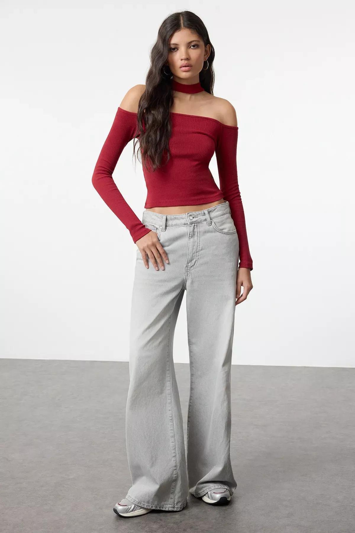 Burgundy Choker Detailed Crop Blouse, , large image number 0