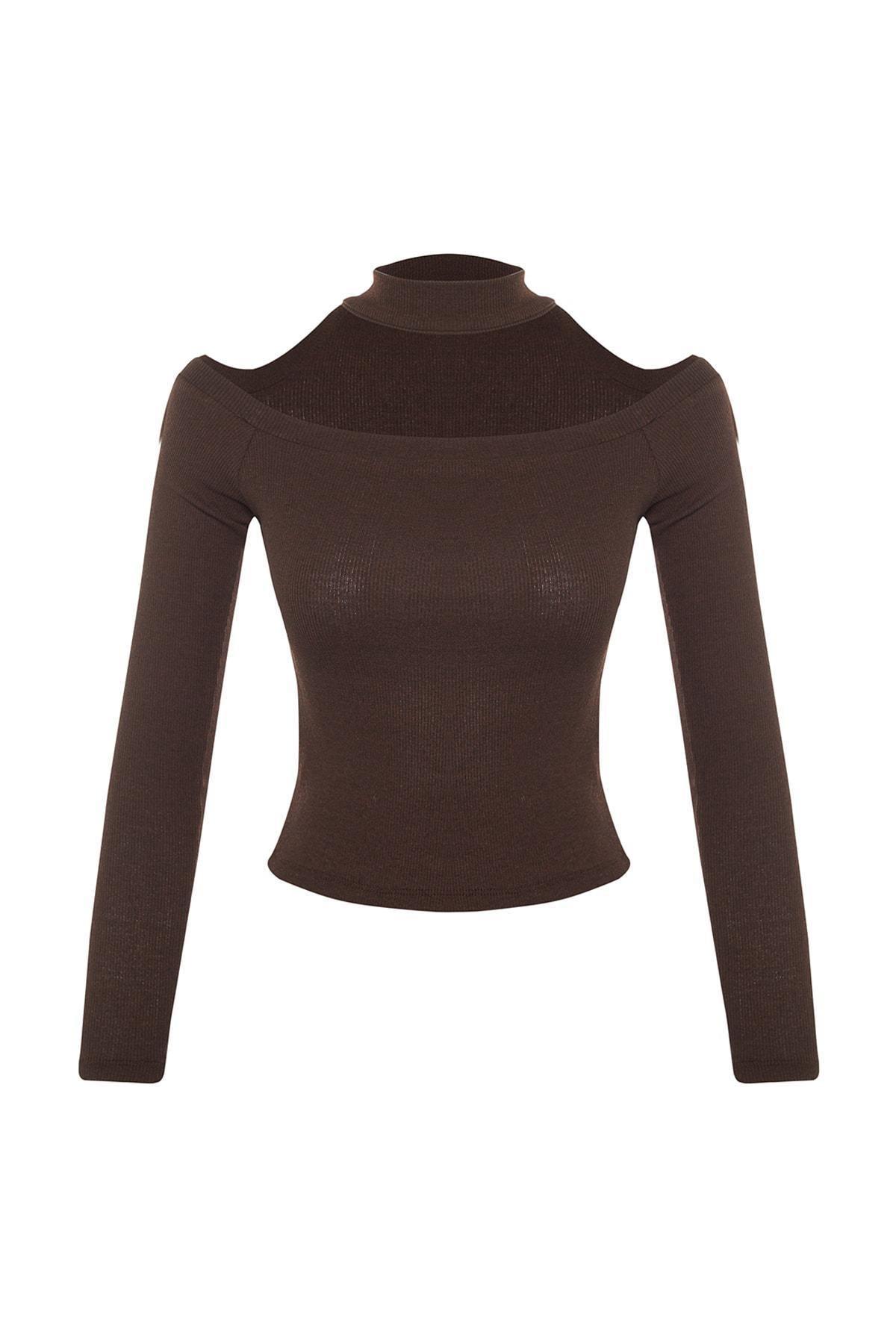 Brown High Neck Blouse, Brown, large image number 5