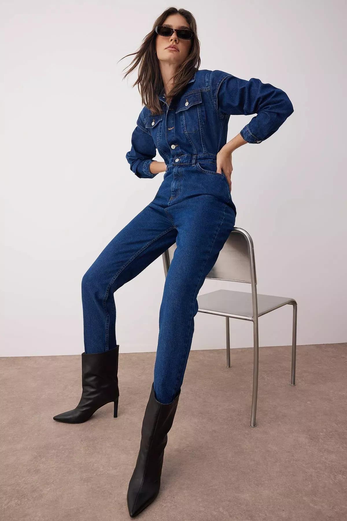 Navy Regular Lapel Collar Jumpsuit, Dark blue, medium