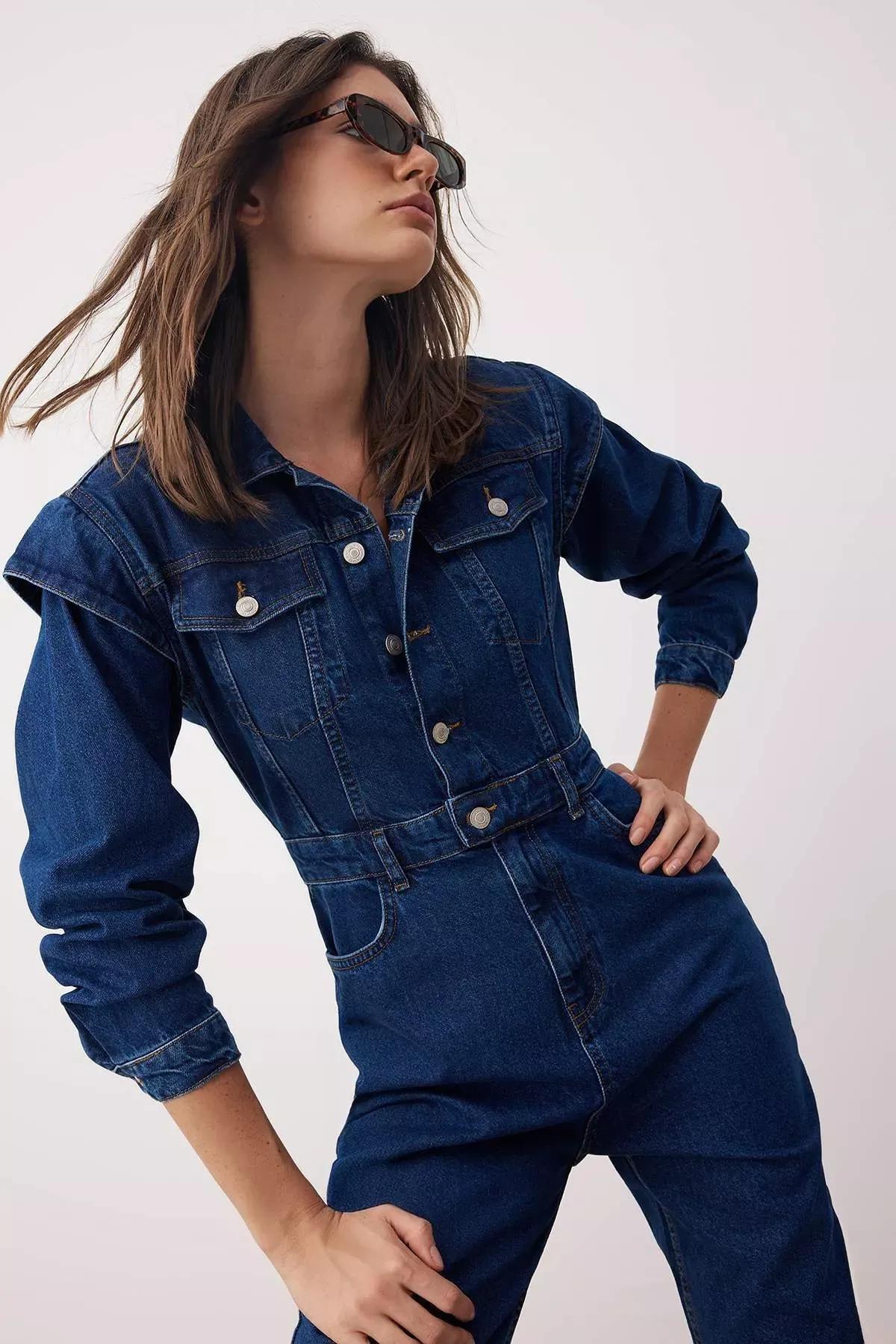 Navy Regular Lapel Collar Jumpsuit, Dark blue, medium