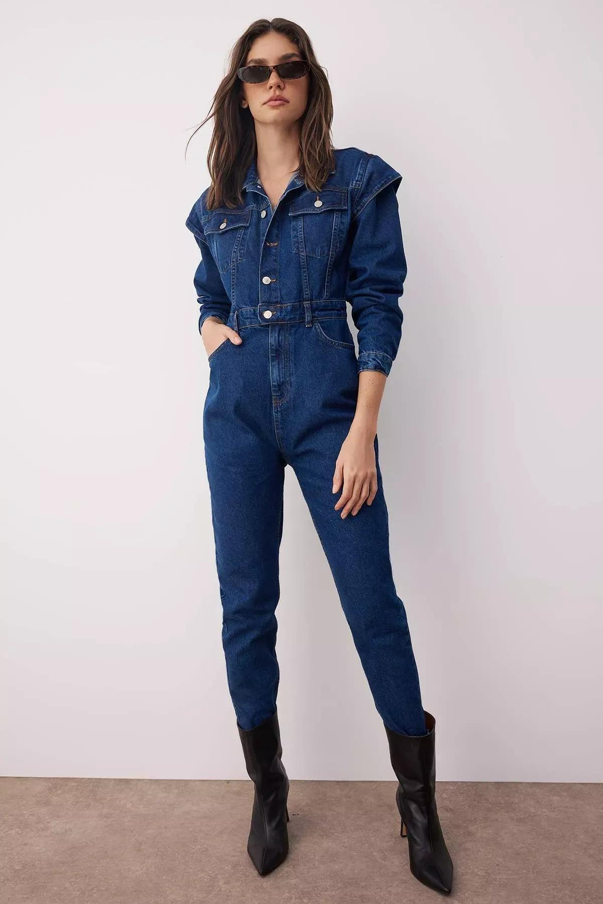 Navy Regular Lapel Collar Jumpsuit, Dark blue, medium