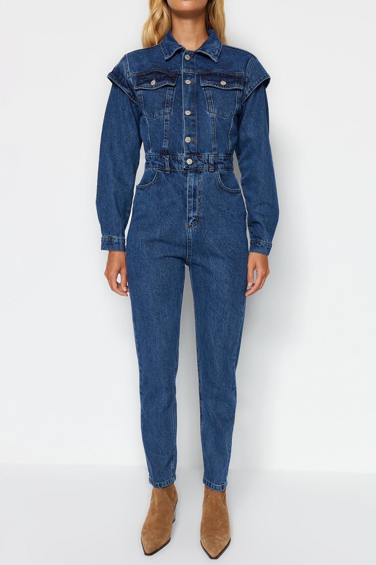 Trendyol - Navy Regular Lapel Collar Jumpsuit