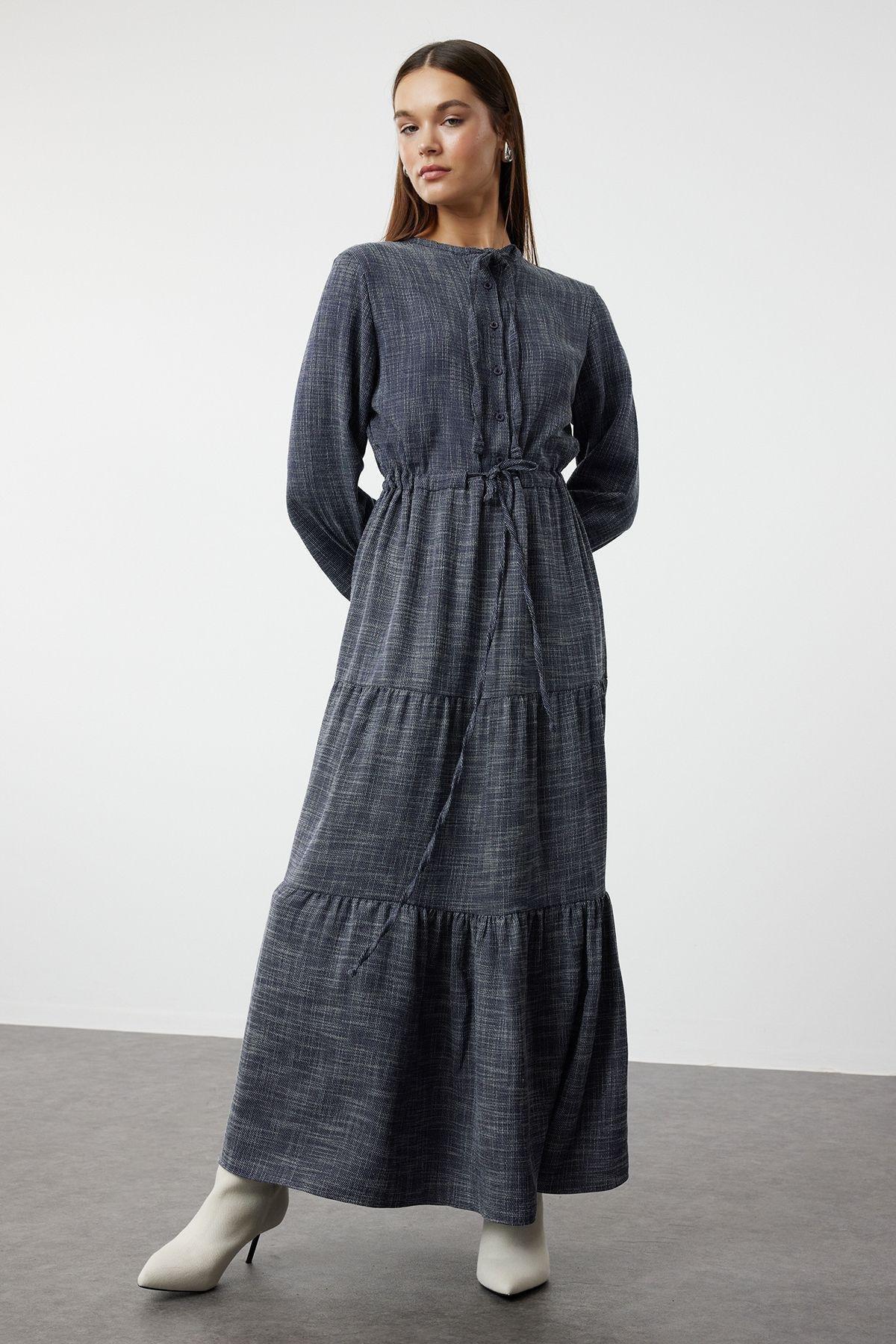 Navy Blue Textured Maxi Dress, , large image number 0