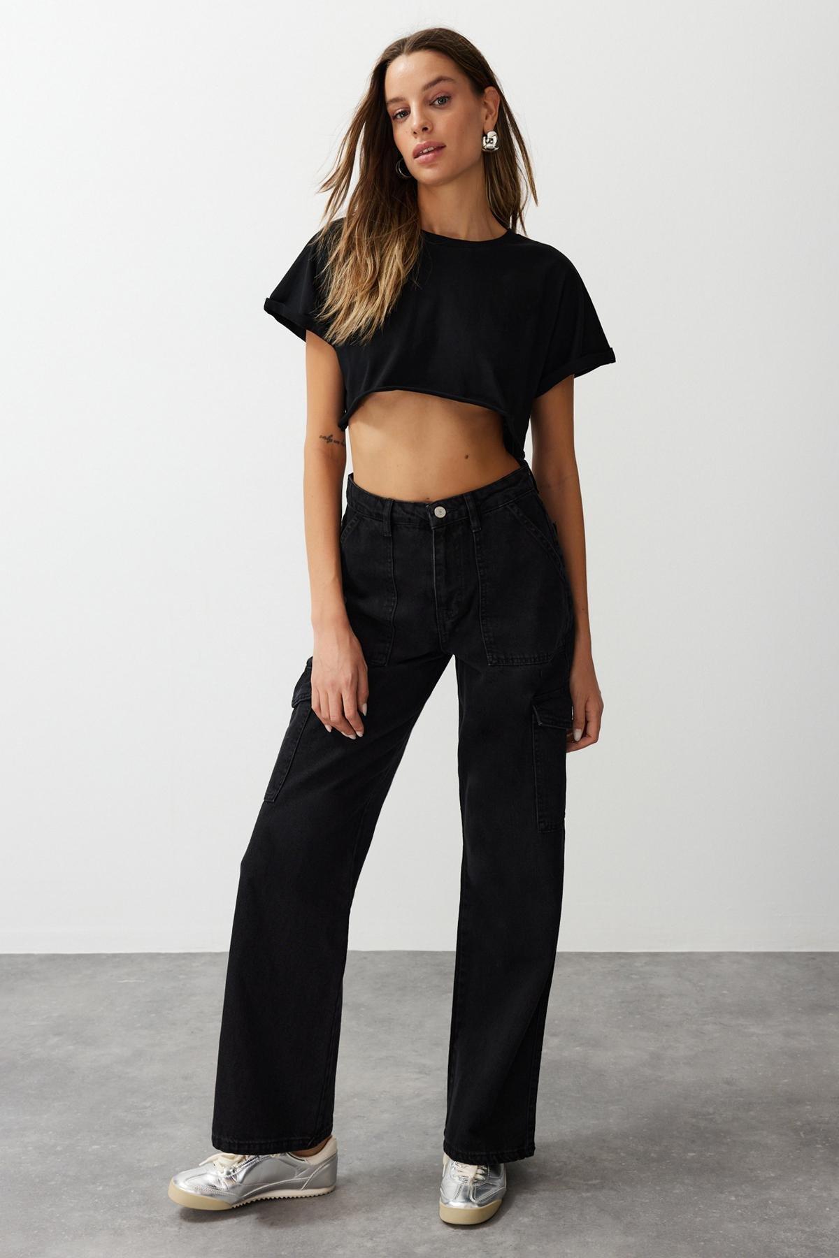 Black Wide High Waist Leg Jeans, Black, large image number 0