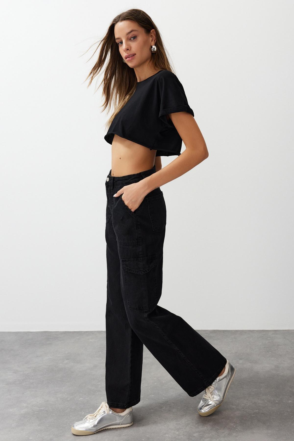 Black Wide High Waist Leg Jeans, Black, large image number 2