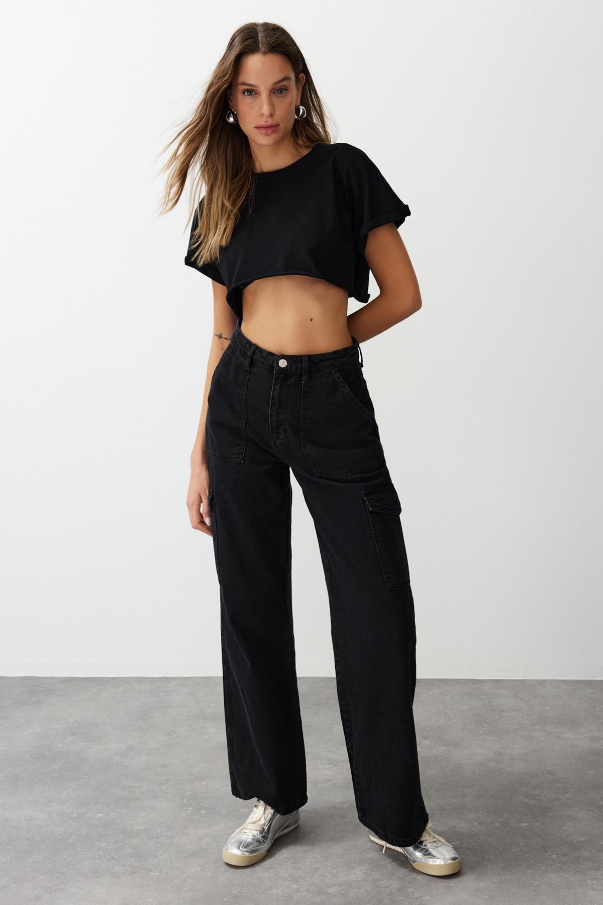 Black Wide High Waist Leg Jeans, Black, large image number 3