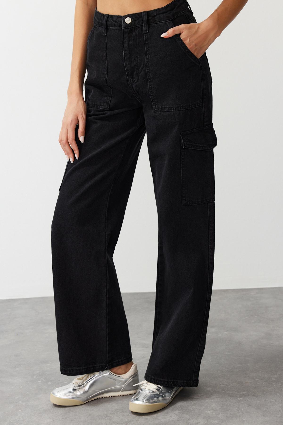 Black Wide High Waist Leg Jeans, Black, large image number 5