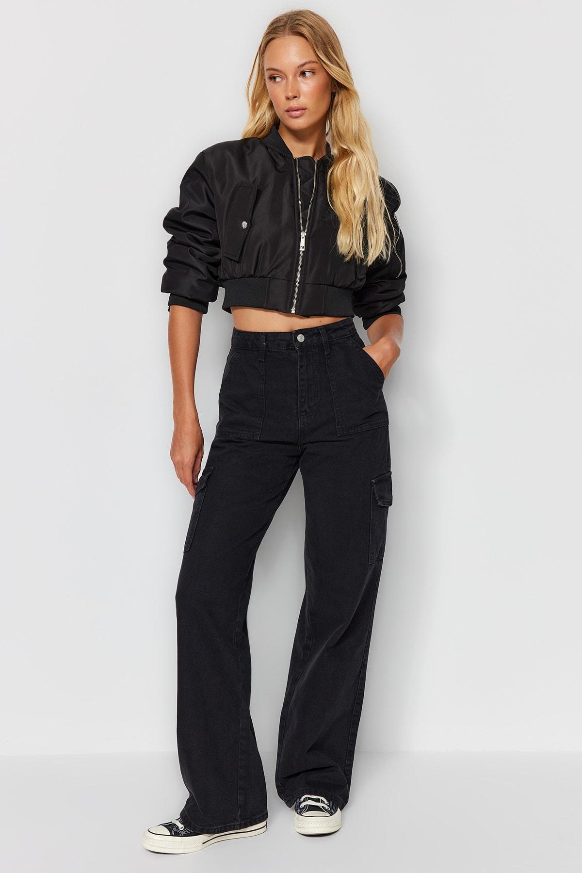 Black Wide High Waist Leg Jeans, Black, large image number 6
