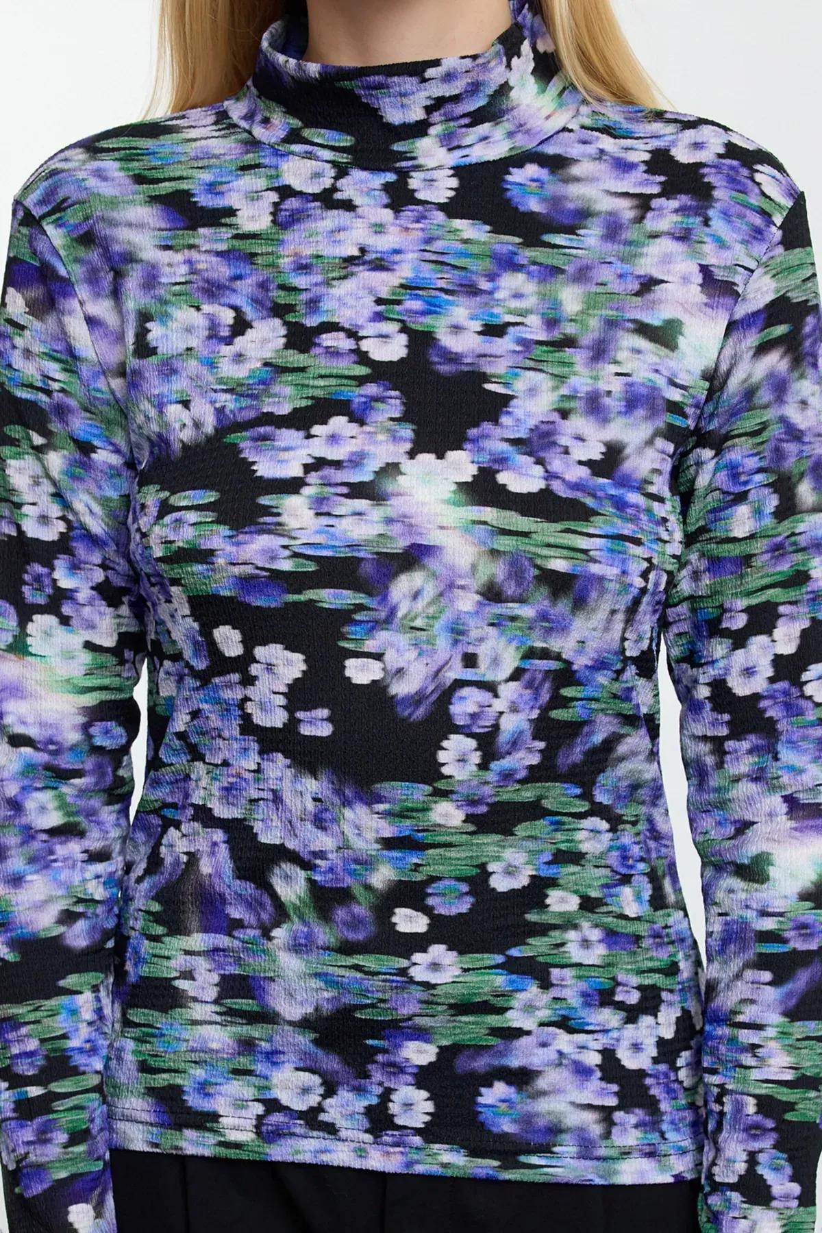 Purple Printed Fitted High Neck Sweater, , large image number 2