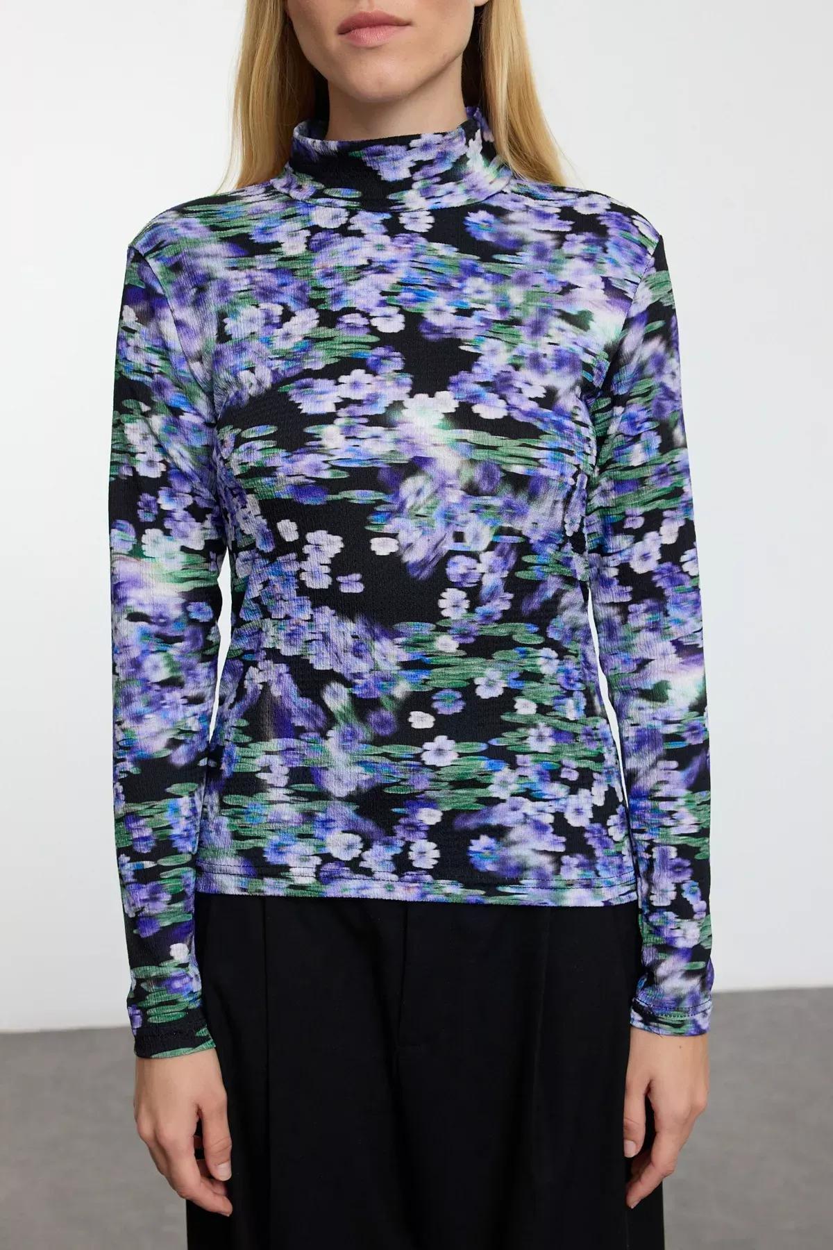 Purple Printed Fitted High Neck Sweater, , large image number 3