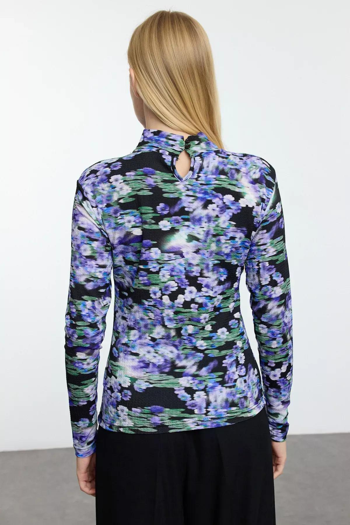 Purple Printed Fitted High Neck Sweater, , large image number 4