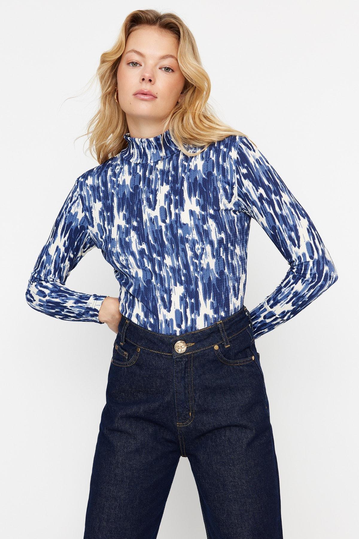 Navy Fitted Standing Collar Blouse, , large image number 1