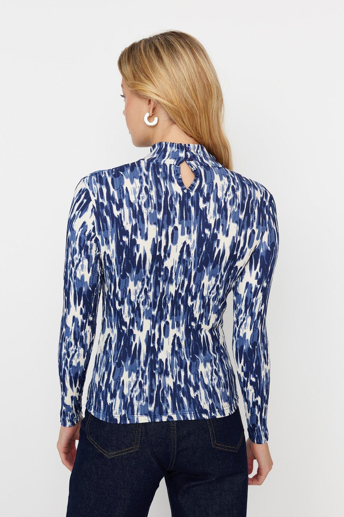 Navy Fitted Standing Collar Blouse, , large image number 4