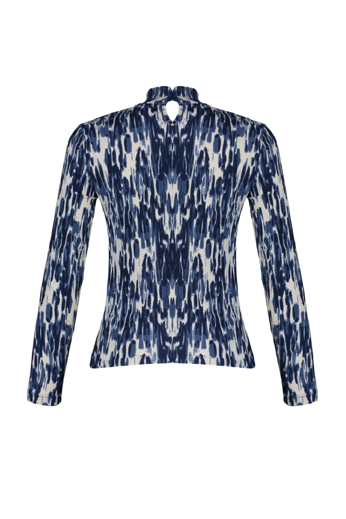 Navy Fitted Standing Collar Blouse, , large image number 5