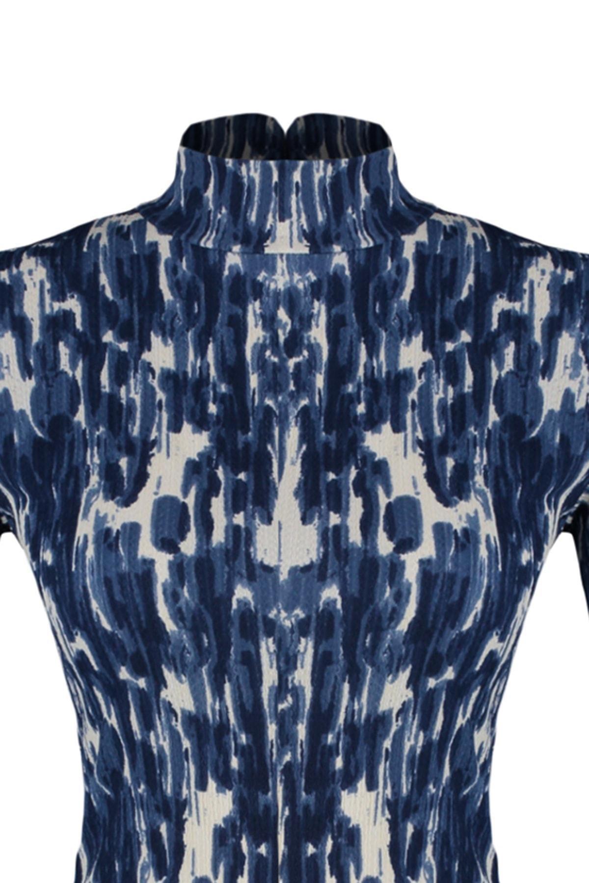 Navy Fitted Standing Collar Blouse, , large image number 6