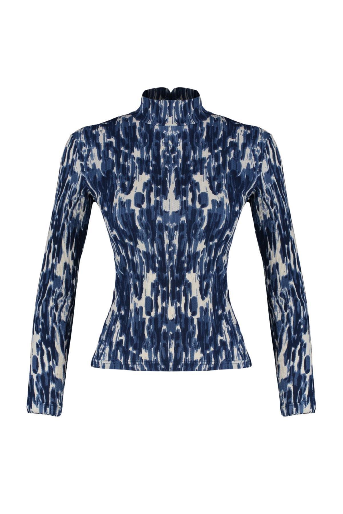 Navy Fitted Standing Collar Blouse, , large image number 7