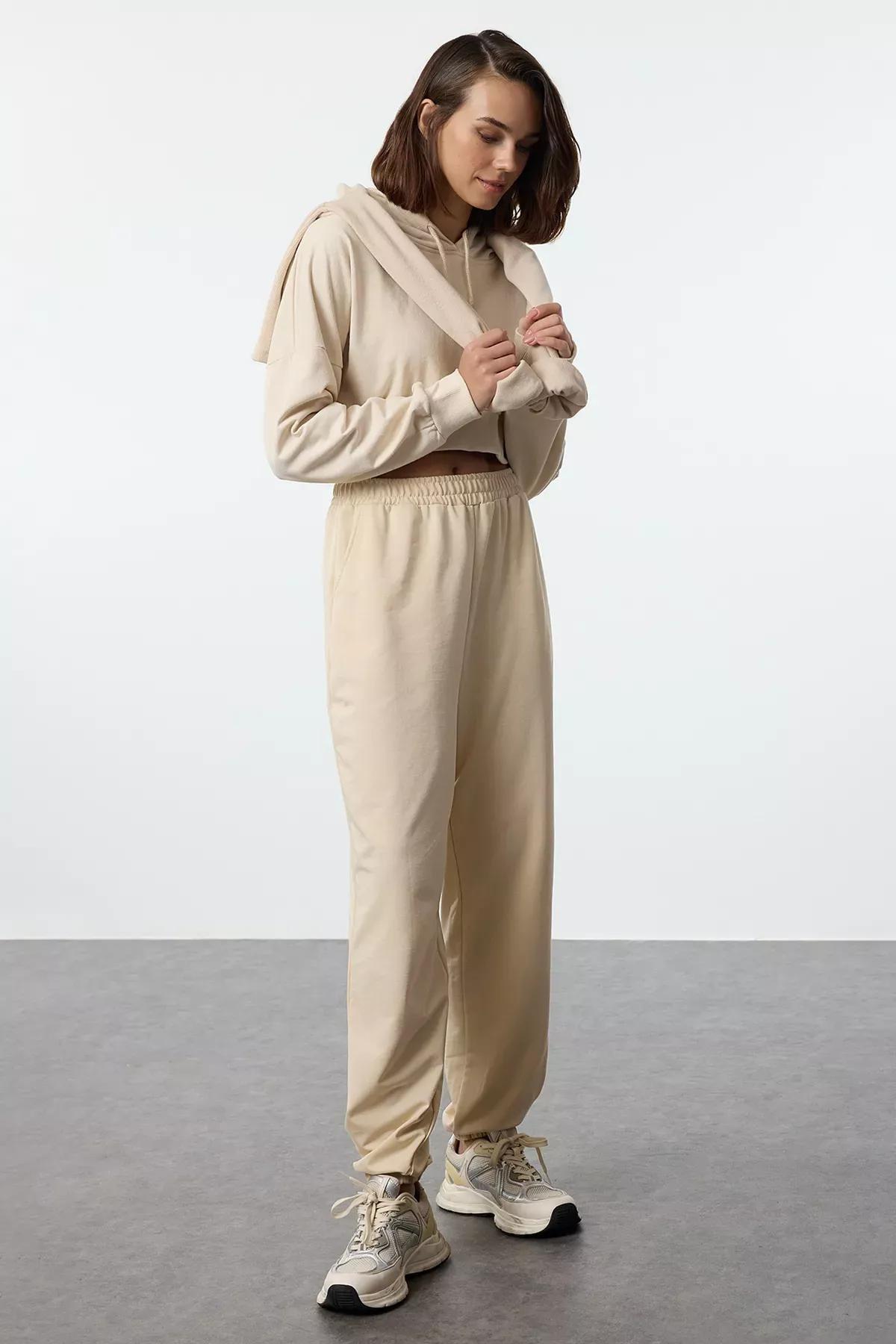 Beige Jogger Knit Sweatpants, , medium