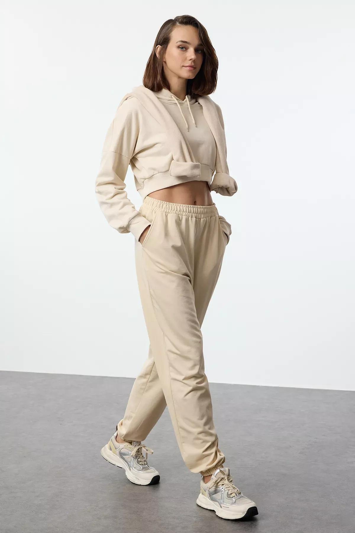 Beige Jogger Knit Sweatpants, , large image number 1