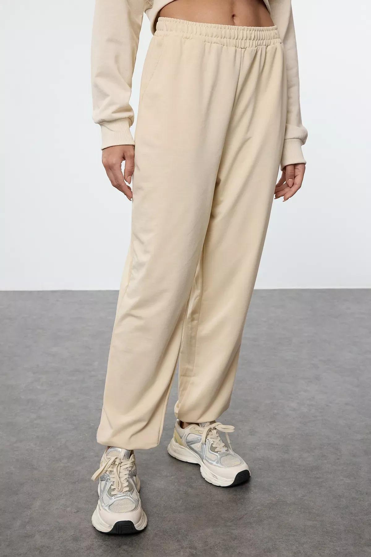Beige Jogger Knit Sweatpants, , large image number 2