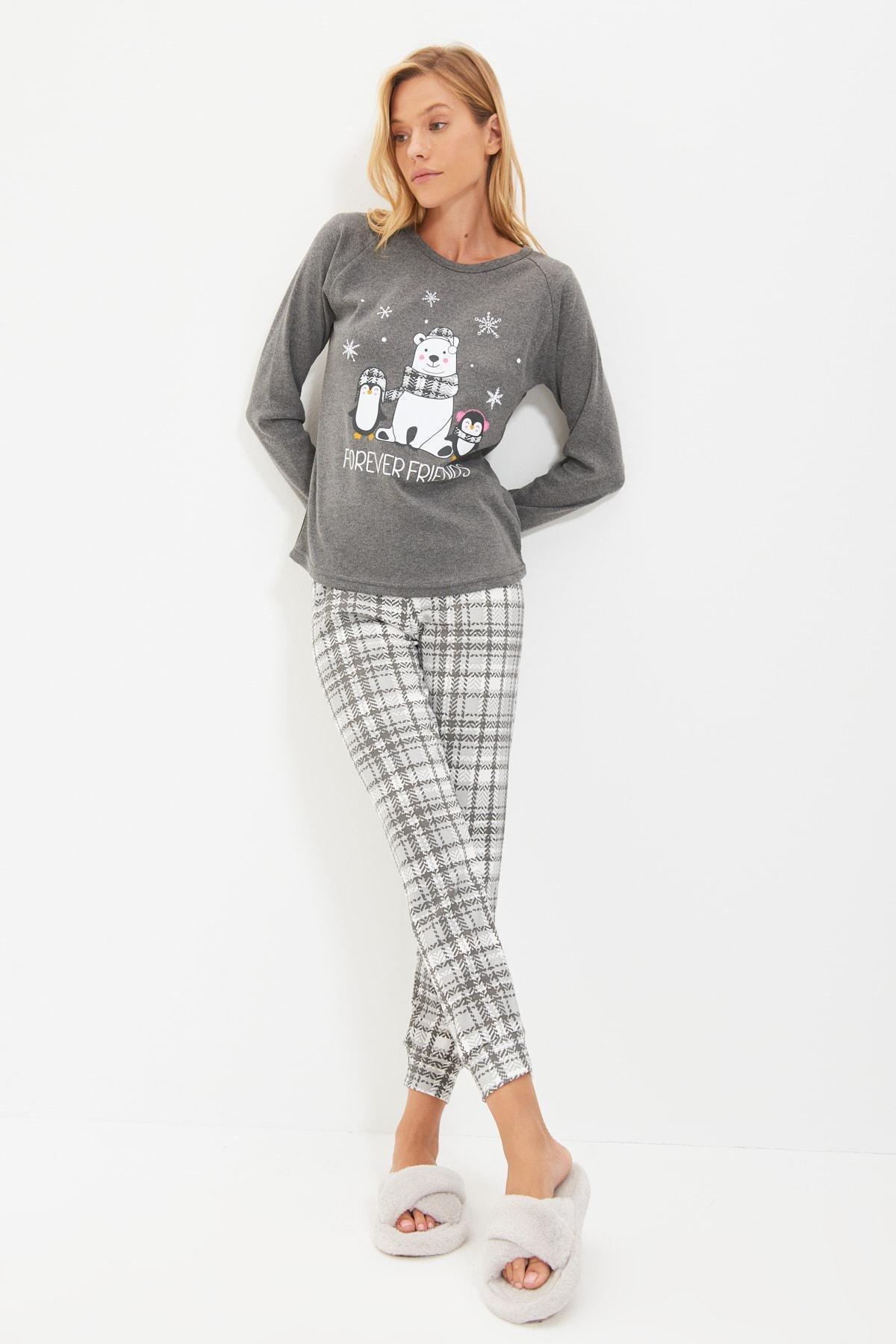 Grey Plaid Soft Knitted Pajamas Set, Gray, medium