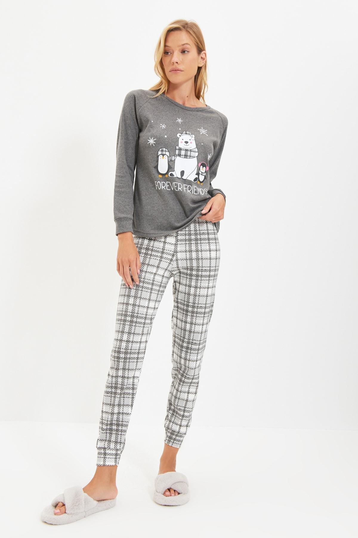 Grey Plaid Soft Knitted Pajamas Set, Gray, medium