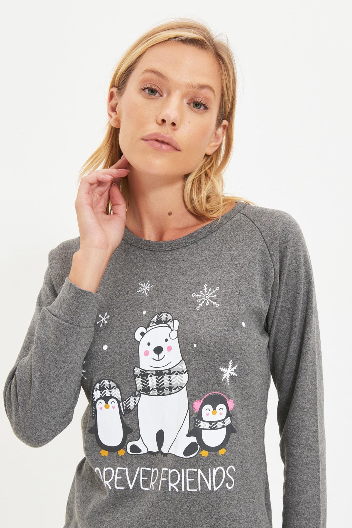 Grey Plaid Soft Knitted Pajamas Set, Gray, medium