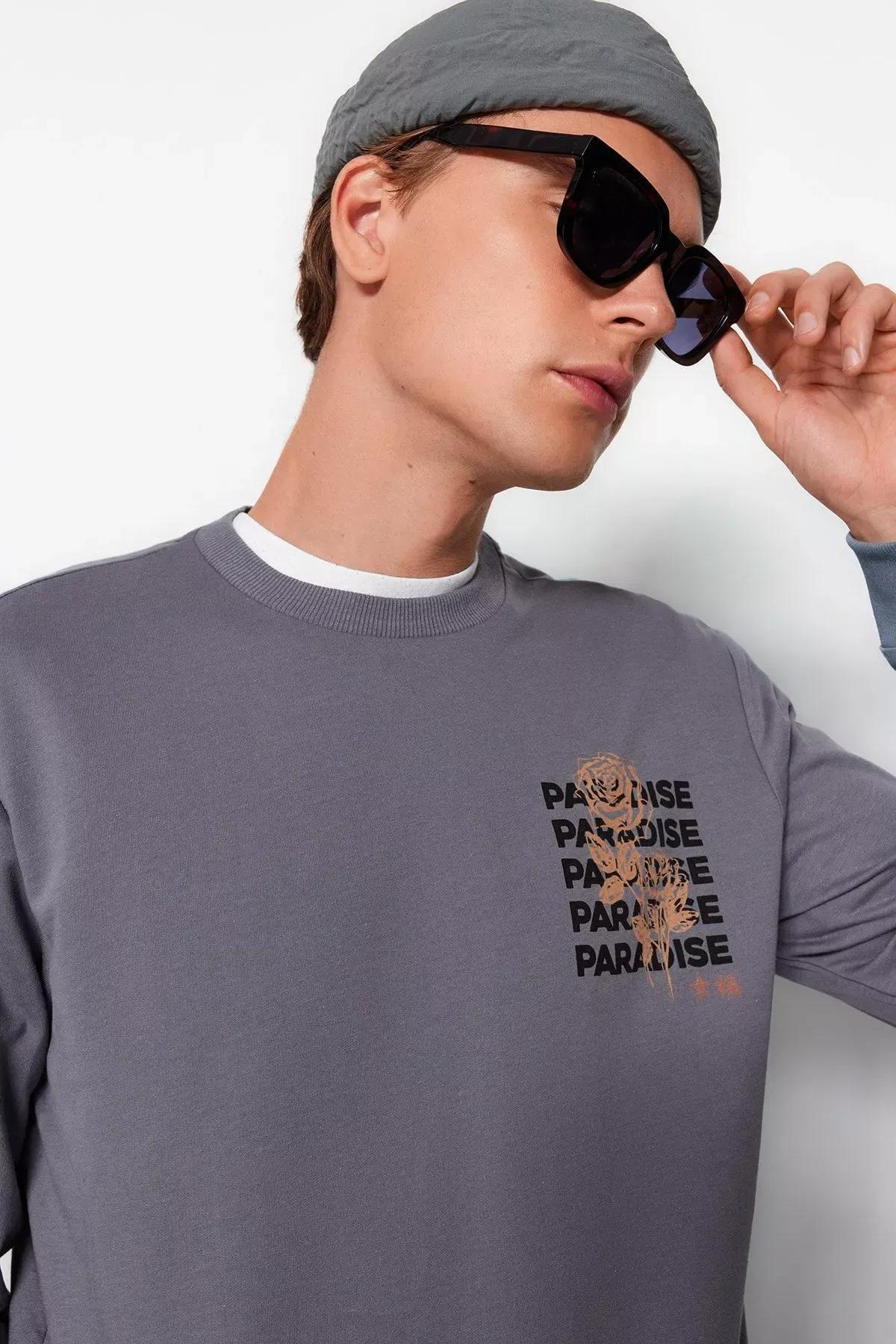 Grey Printed Mid Waist Sweatshirt, , large image number 4